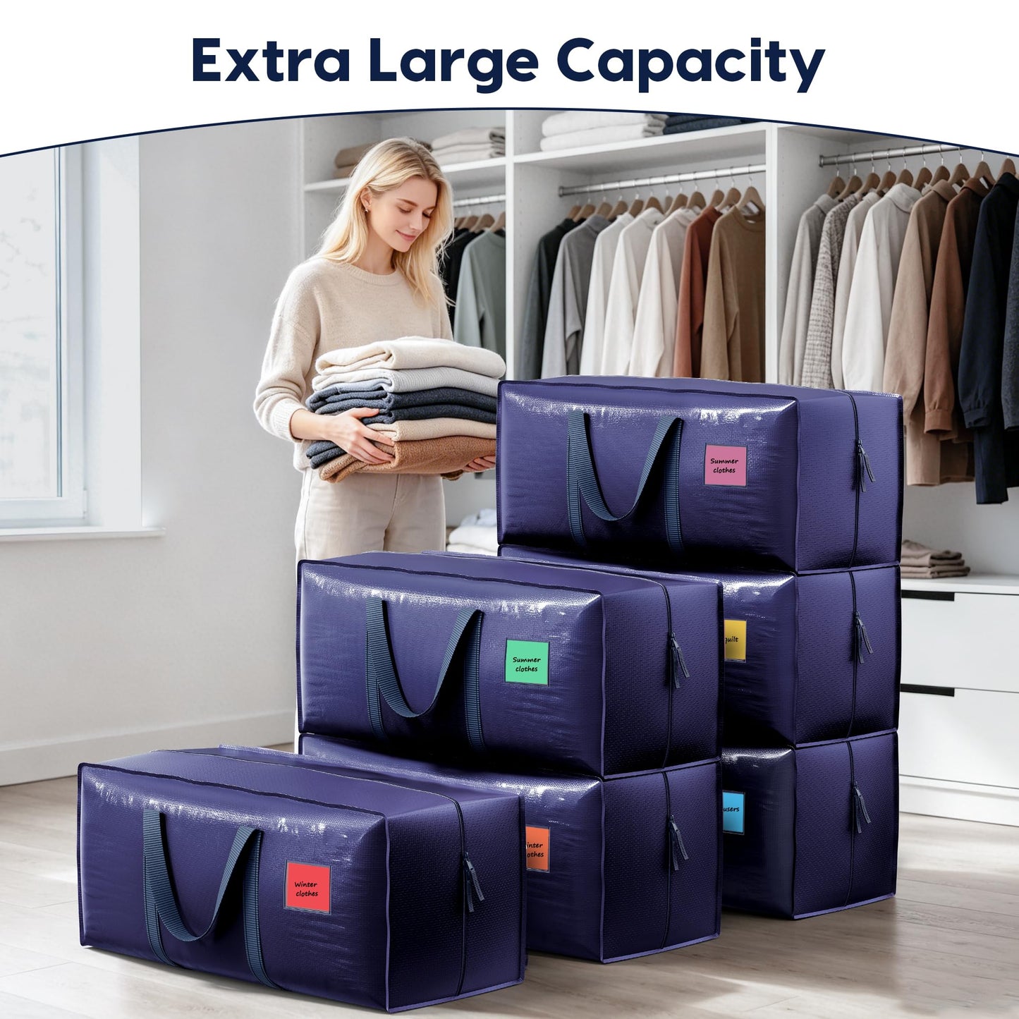 RMOHRO 6 Pack Moving Bags Heavy Duty 210GSM with Full-Open Side Zipper, 93L 220lbs Waterproof Foldable Storage Totes for College Dorm Move-In, Moving Boxes Alternative & Home Organization, Blue