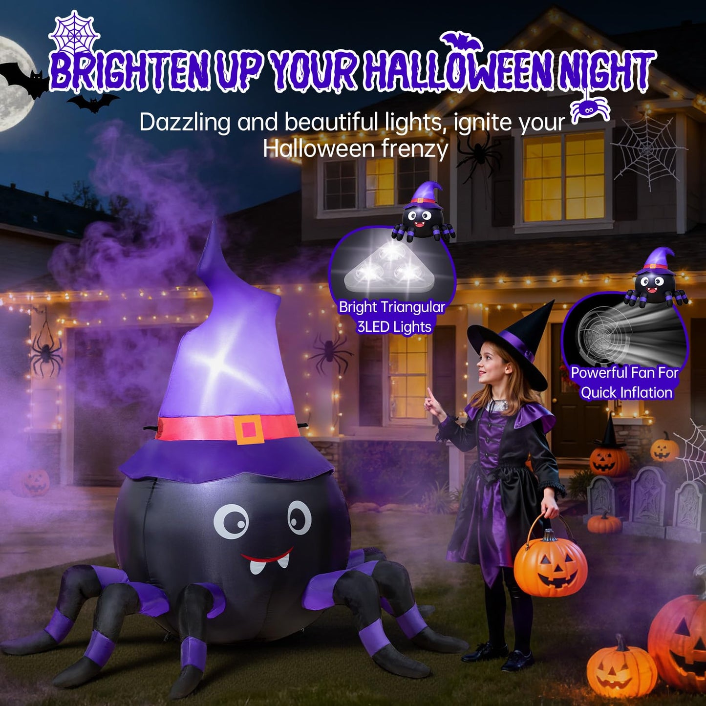 5FT Halloween Inflatable Spider with Witch Hat Outdoor Decoration, Blow Up Yard Inflatable Decorations with Built-in LED Lights for Garden/Lawn/Holiday/Home Party Decor