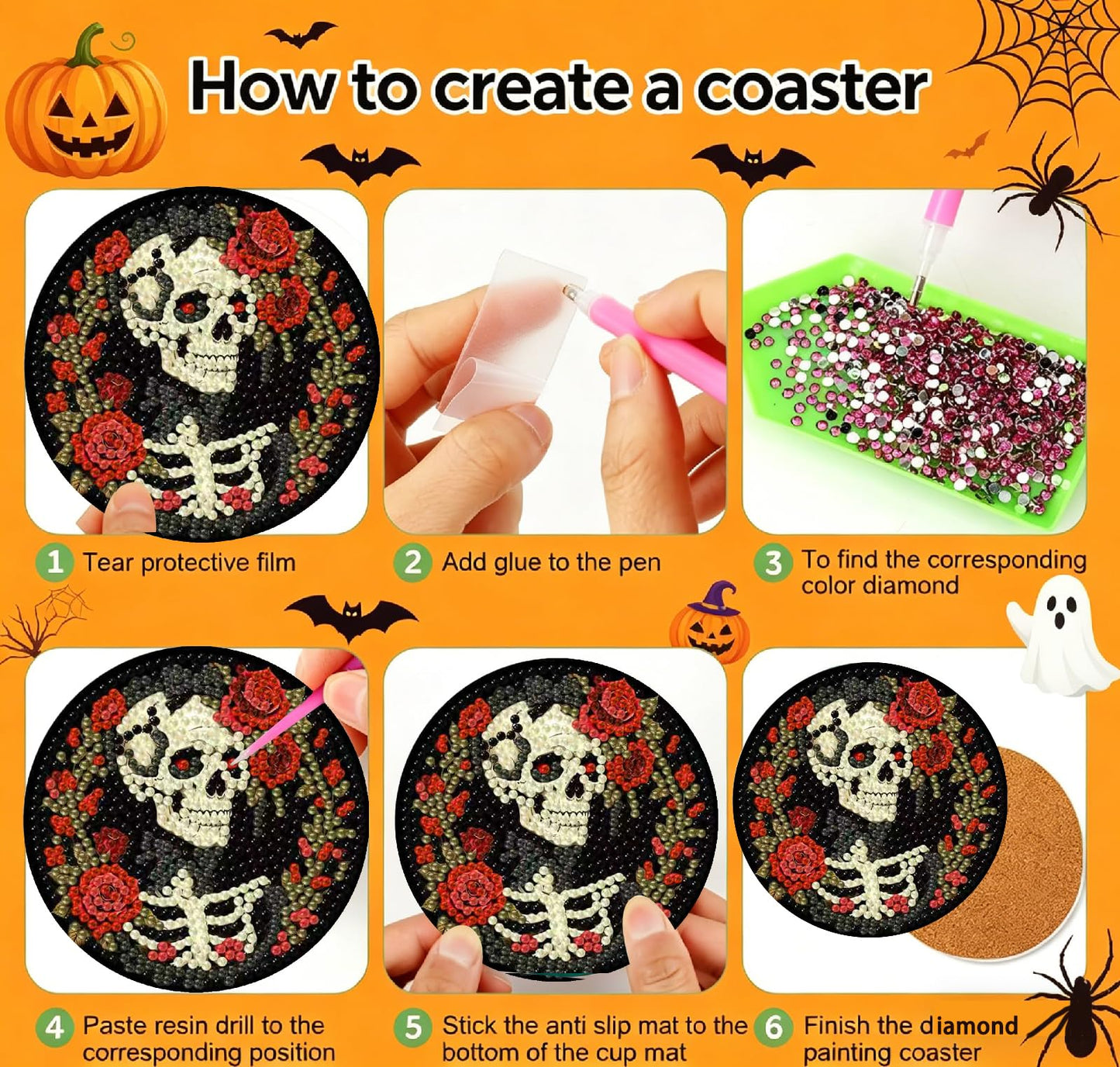 KYOQFVN 8 PCS Halloween Diamond Art Coasters Kits, DIY Halloween Diamond Painting Coasters with Holder, Full Drill Art Crafts Supplies for Cup Mat for Home Decor
