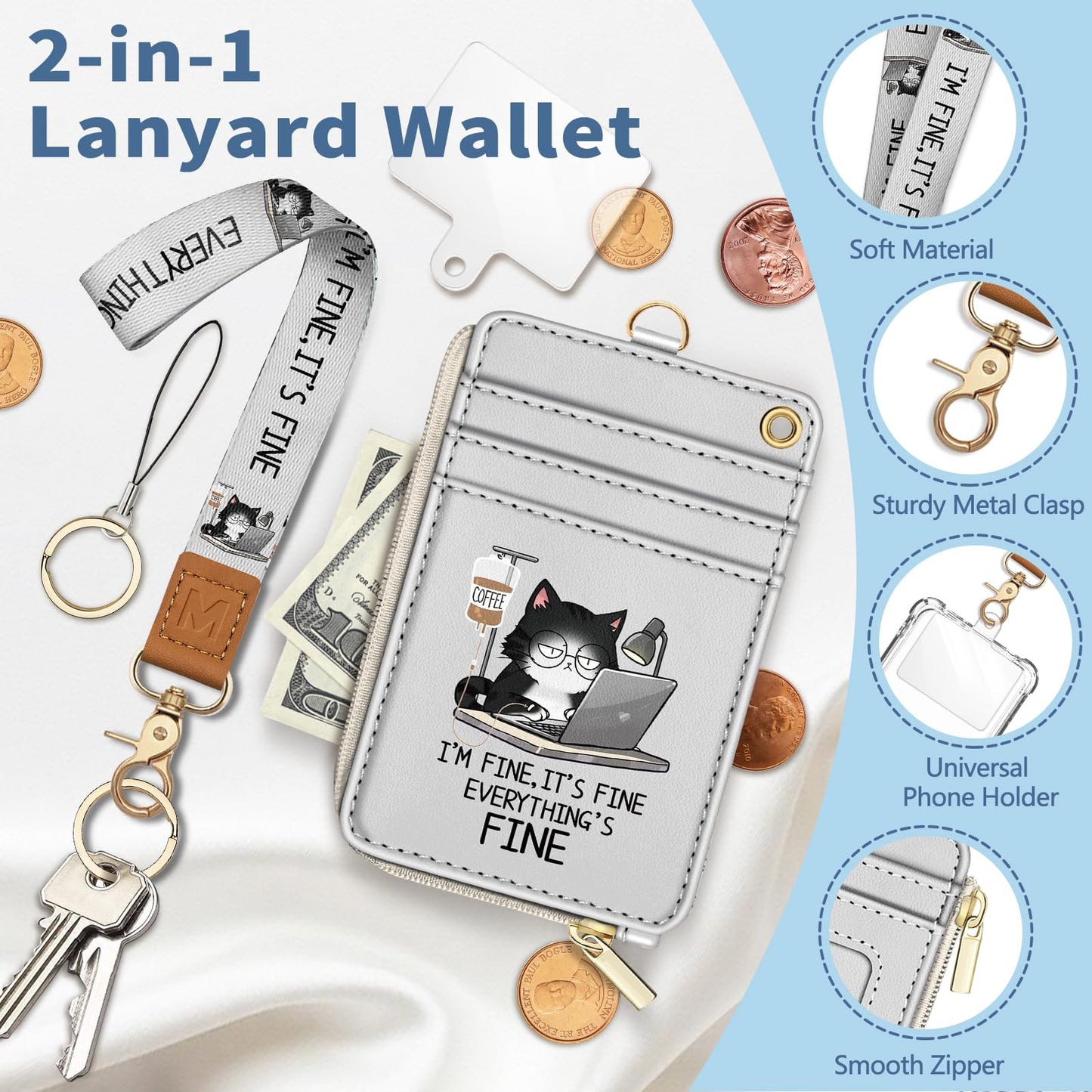 Mavellin Lanyard Wallet with Id Badge Holder, Funny Cat RFID Small Keychain Wallet Women Wristlet, Cute Zipper Credit Card Holder Phone Wrist Neck Strap for Key Name Tag, Teacher Office Work Gifts
