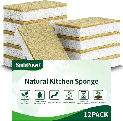 Natural Kitchen Sponge Compostable Kitchen Sponges Cellulose and Coconut Scrubber Abrasive Scrubbing Pads SmilePowo Environmentally Friendly Sponge for Dishes (12 Pack)