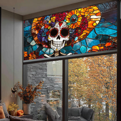 HOMETITUTE Day of The Dead Window Film 39.3x17.7 Inch Sugar Skull Windows Cling Halloween Calavera Glass Sticker for Glass Dia de Los Muertos Removable Gothic Window Art Decoration