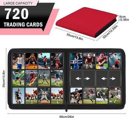 12 Pocket Zipper Trading Card Binder, 720 Large Capacity Side Loading Non-Ring Card Album, Double Sided Acid-Free Card Protector Binder for TCG, MTG, Sport Card, Red