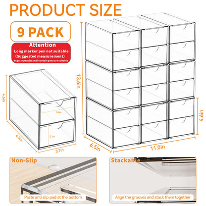 Yieach 9 Pack Small Acrylic Drawers With 18 Drawers,Clear Drawer Organizers Stackable,School,Office Supplies Organizer And Storage Bins for Stationery,Pen,Pencil,Craft,Glasses,Sunglass Organizer Case