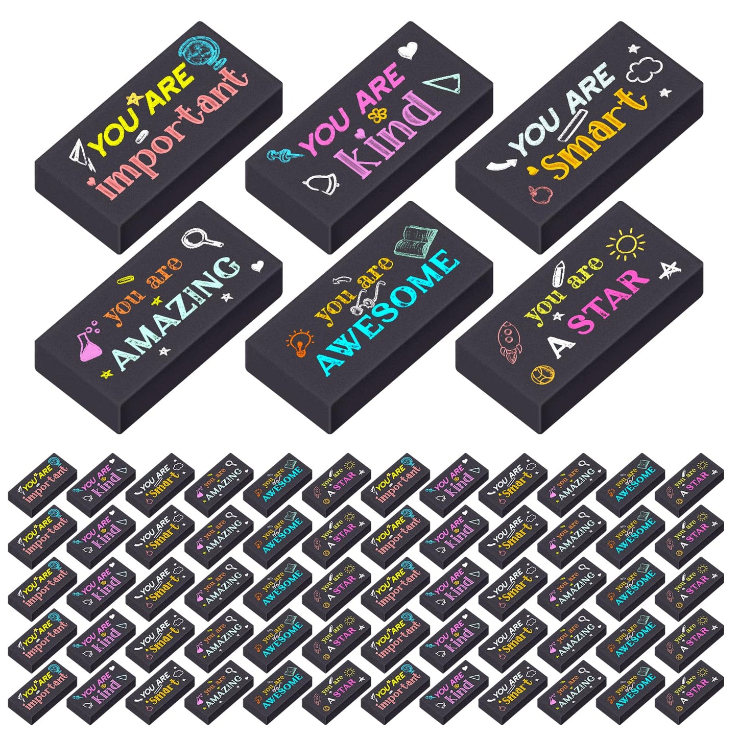 Resurhang 180 Pcs Erasers Bulk for Kids Inspirational Pencil Erasers Bulk for Drawing Motivational Big Eraser School Supplies for Classrooms Back to School Office (Inspirational,Black)
