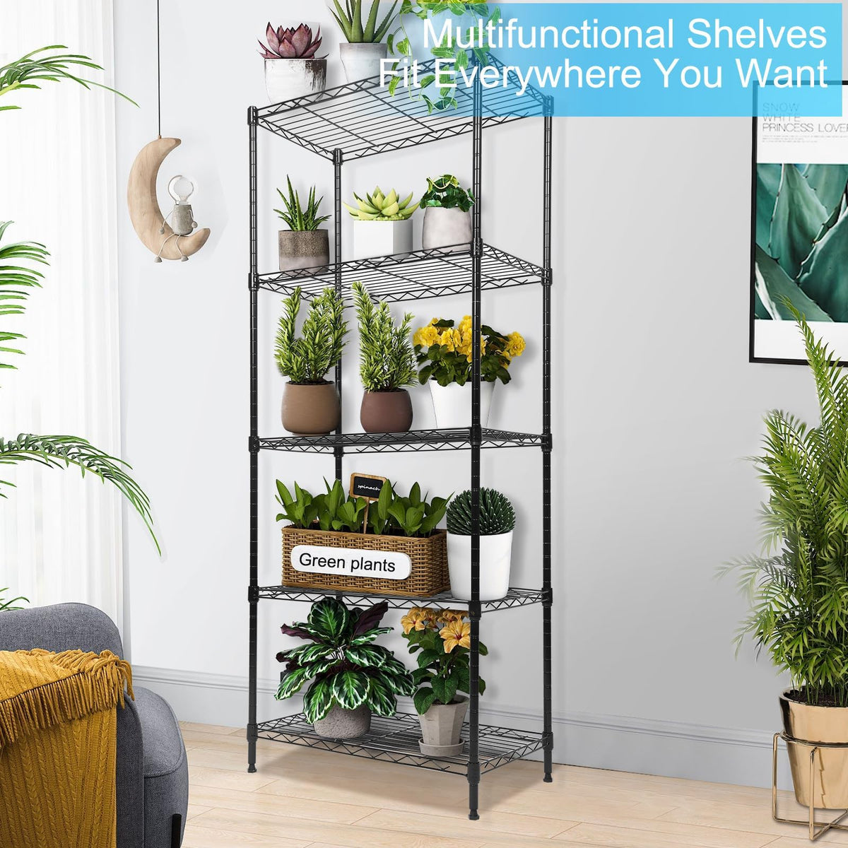 Whitmor 5 Tier Shelving Unit, Adjustable Storage Shelves with Wheels, Wire Shelving, 400 lbs Capacity per Shelf, Max 2000 lbs Total for Laundry, Garage, Plant, 21" L x 12" W x 54" H, Black
