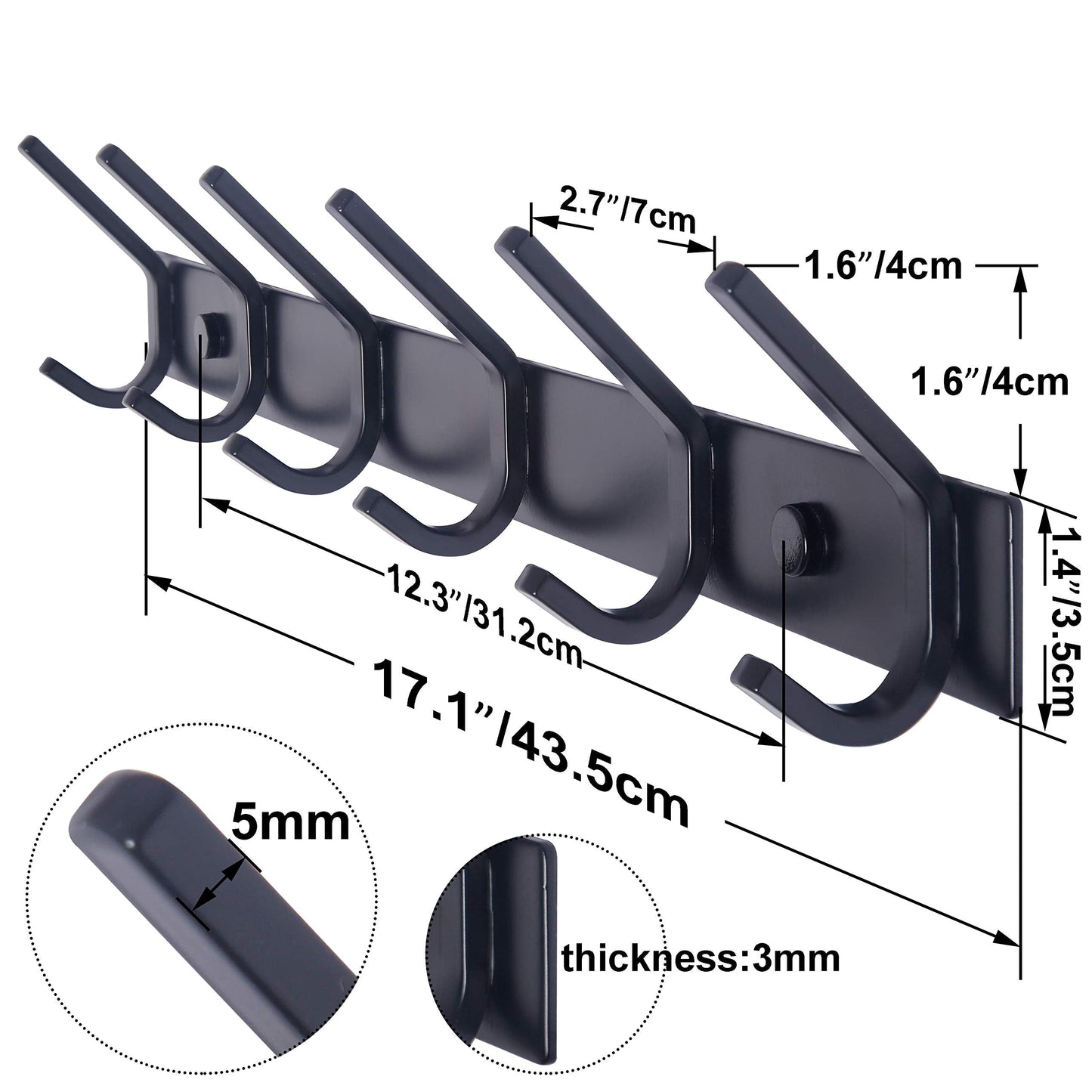 WEBI Coat Rack Wall Mounted,17-1/8 Inch Coat Hooks for Hanging Coats,Heavy Duty Metal Hook Rack Rail with 6 Double Dual Hooks Coat Hanger Wall Mount for Clothes Jacket,Black,2 Packs