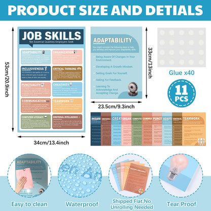 Fullhawl 11 Pcs Job Skills Posters Educational Bulletin Board Set for College High School Classroom Decorations Essential Qualities Employers Seek Posters for Library Reading Corner Wall Supplies
