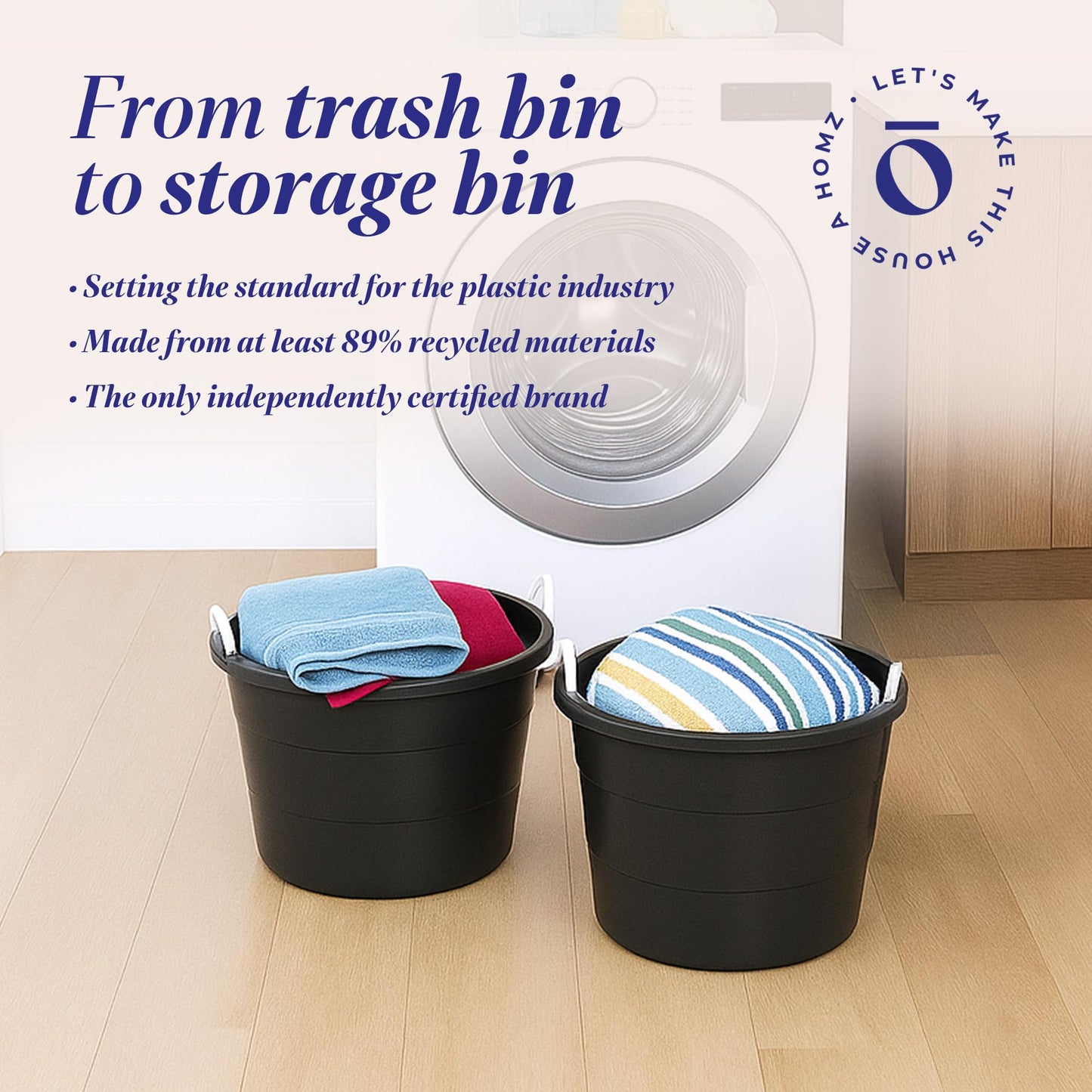 HOMZ 2-Pack Utility Tub, Large Plastic Storage Bucket with Rope Handles, 17 Gallon, Black - Portable Indoor and Outdoor Buckets for Kitchen, Laundry, Garden, Bathroom, and Garage Organization