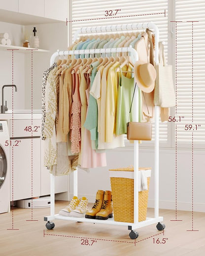 Sakugi Clothes Rack - Double Rods Clothing Rack with Mesh Shelf, Hooks & Wheels, Metal Clothing Racks for Hanging Clothes & Bags, Multifunctional Garment Rack for Laundry, White, 28.7" x 16.5" x 59.1"