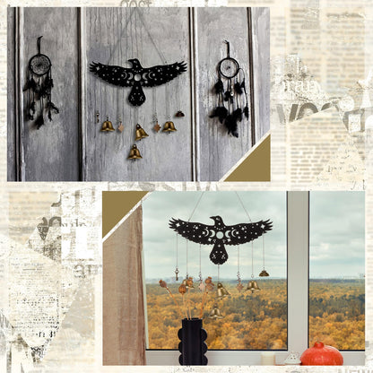 Sliner Raven Witch Bells Wall Hanging Witchy Moon Phase Decor Celestial Gothic Pagan Christmas Halloween Yule Savannah Winter Solstice Spiritual Protection Decor for Home Altar House Warming Gift