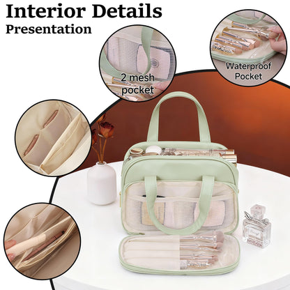 VISSUX Travel Makeup Bag for Women, Waterproof PU Leather Cosmetic Organizer with Handle, Large Capacity Toiletry Bag with Wide-Open & Multiple Compartments for Travel Accessories & Essentials (GREEN)