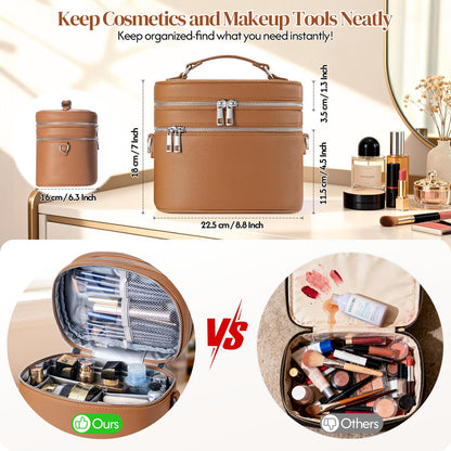 cysiyu Leather Makeup Bag Organizer Double Layer Vanity Bag Large Capacity with Compartments and Handle Travel Portable Storage Crossbody Cosmetic Jewelry Case for Women. Brown