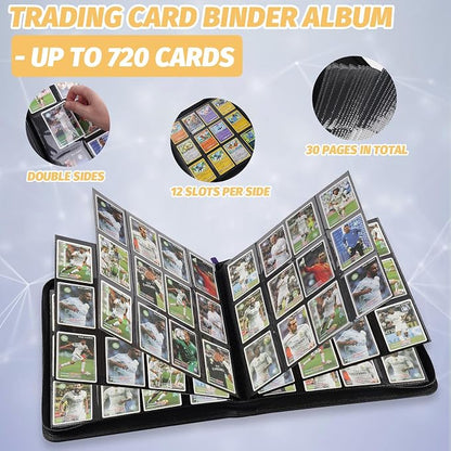 12 Pocket Ringless Side Loading Trading Card Binder, 720 Cards PU Fixed Page Zipper Card Album for TCG Sports Game Cards, Not Fit Top Loaders(Purple)