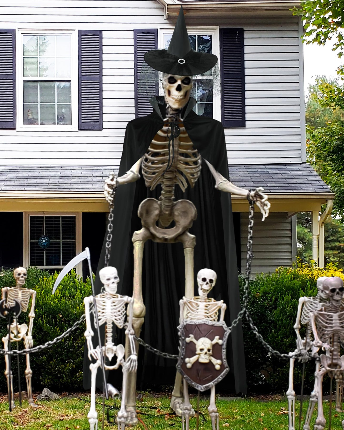 Tarpop Halloween 12 ft Skeleton Outfit Set Giant Skeleton Witch Theme Costume Includes Witch hat and Cloak for Halloween Decorations Outdoor Yard Haunted House Prop Decorations