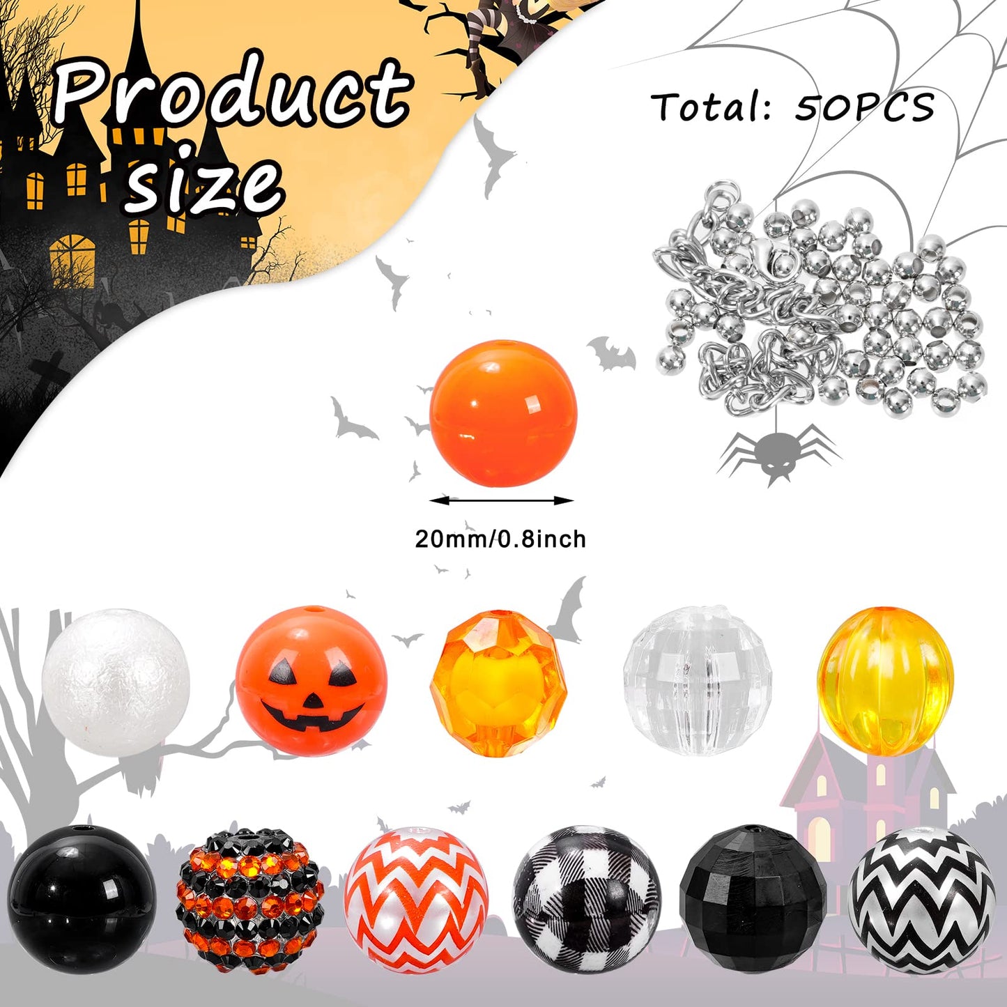 Whaline 50Pcs 20mm Halloween Beads Mixed Bubblegum Beads Set Jack-O-Lantern Spacer Bead Black Orange Chunky Jumbo Plastic Bead for Holiday Crafts Jewelry Making Boutique Craft Supplies