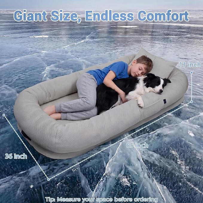 WROS Cooling Human Dog Bed for Summer, Breathable Washable Floor Lounger for People & Pets, 65"x36"x11", Glacier Grey, Pet Bed for Hot Weather Relaxing