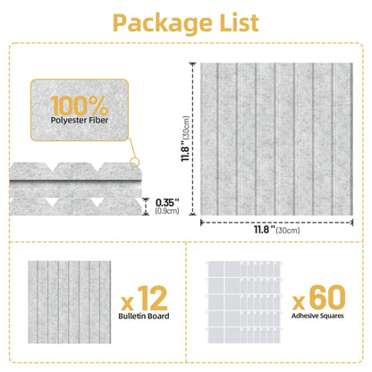Large Cork Board for Wall 36" x 48" Gray Bulletin Board with Safe Removable Adhesive Squares for Pictures Photos, Alternative CorkBoard Felt Pin Boards Tiles for Office Classroom Wall Decor - 12 Pack