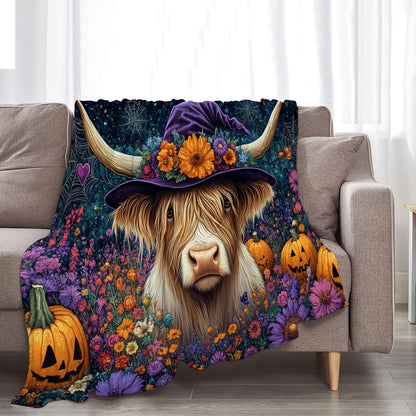 Tijuboni Halloween Highland Cow Pumpkin Throw Blanket for Girls Boys Women Men Kids Adults Soft Flannel Fleece Blanket for Couch Sofa Bed Home Decor 40"x50"