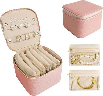 Travel Jewelry Case, Small Travel Jewelry Box with 6 Velvet Jewelry Bag Mini Pouch, Portable Travel Jewelry Organizer for Rings Earrings Necklaces, Beauty Gifts for Women Girls (Muted Pink)