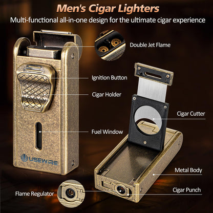 Usewire Cigar Humidor, Leather Cigar Case with Cigar Lighter, Built-in Straight Cigar Cutter and Cigar Punch, Travel Cigar Humidor with Humidifier and Cedar Tray, Cigar Accessories Set for Men