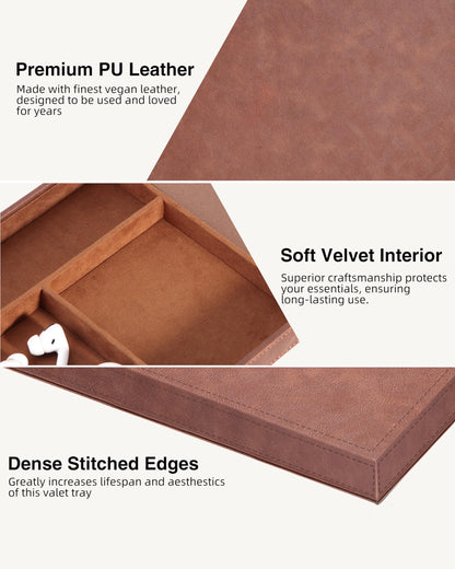 Investme Valet Tray with Wireless Charger, Nightstand Organizer for Men, EDC Catchall Tray for Keys, Watch, Wallet, Jewellery, Premium Vegan Leather, Bedside Caddy, Stylish and Organized, Brown