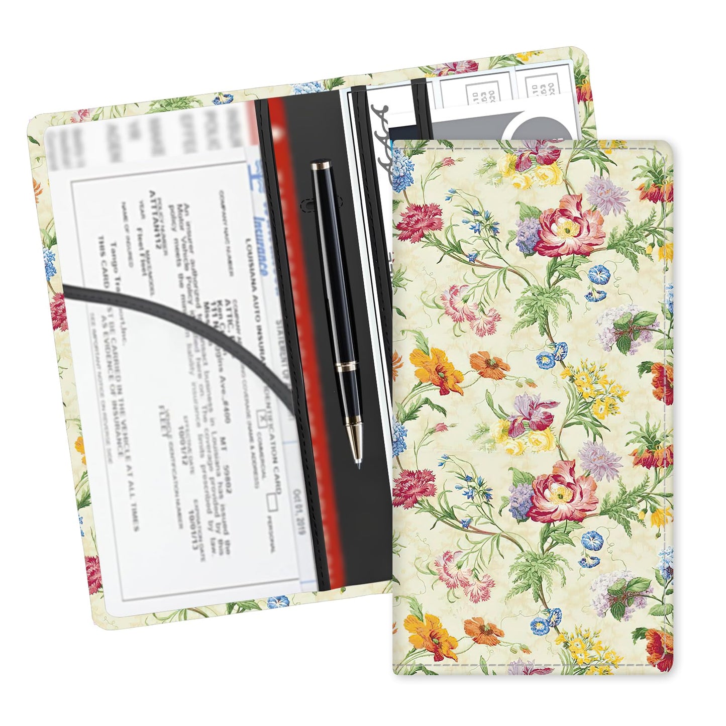 ADUQLZUX Leather Car Registration and Insurance Card Holder, Cute Car Accessories Vehicle Glove Box Car Organizer for Documents, Cards, License Retro Colorful Flowers
