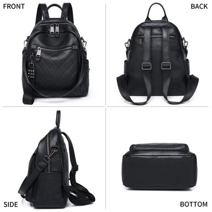 Wesccimo Genuine Leather Backpack Purse For Women Black Quilted Real Soft Leather Fashion Designer Convertible Ladies Shoulder Bag