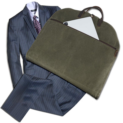Polare 43” Waxed Canvas Full Grain Leather Trim Carry On Garment Bag for Travel, Waterproof Dust-Proof Foldable Hanging Suitcase Weekender Garment Cover with YKK Zipper (Army Green)