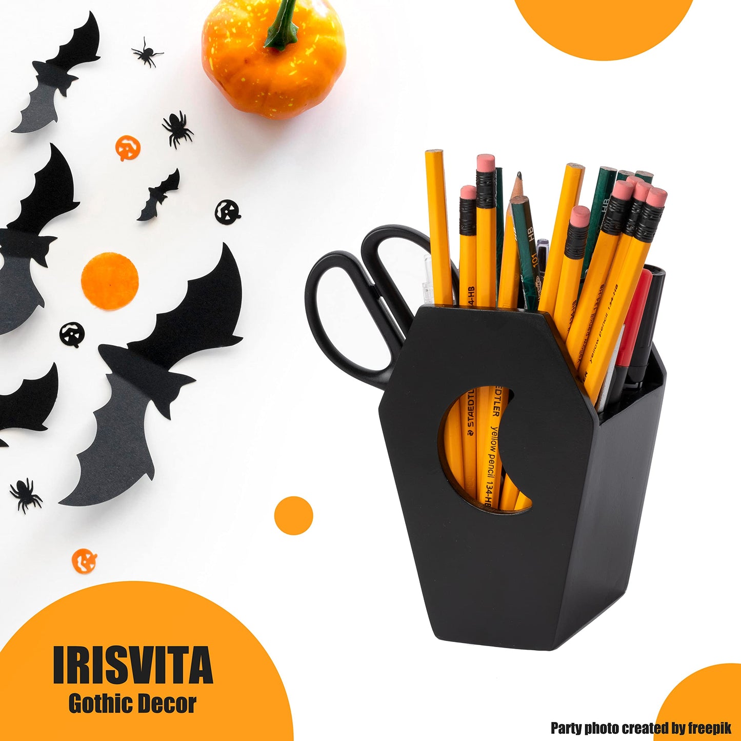 IRISVITA Small Coffin Pen Holder for Desk (Redesigned), Spooky Makeup Brush Holder, Gothic Decor for Home, Black Pencil Holder for Desk, Goth Room Decor, Mini Goth Vanity Organizer