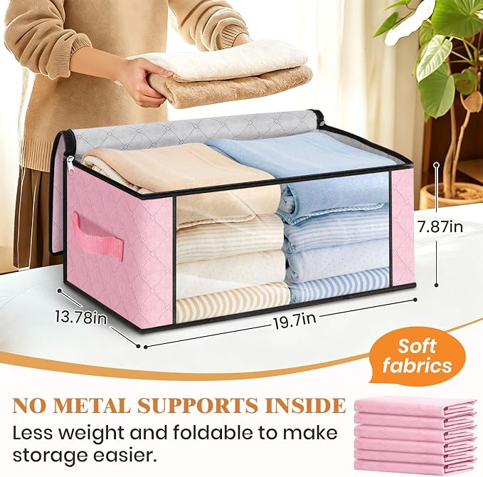 Fab totes 35L Closet Organizers and Storage, Foldable Under Bed Storage Containers, Storage bags for Organizing Bedroom, Closet, Clothing,Organization with Handle (4 Pack,Pink)