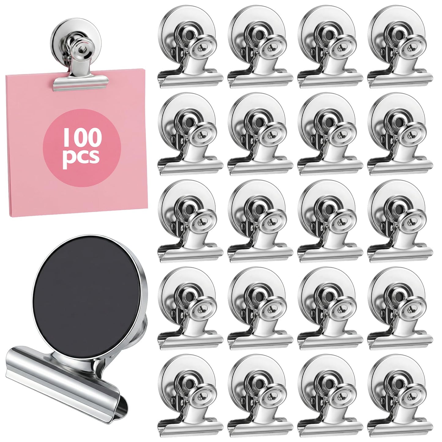 100 Pack Heavy Duty Fridge Magnets, Strong Magnetic Clips for Cruise Cabins, Refrigerator & Whiteboard Organizer, Silver Stainless Steel Photo Holders for Home and Office Use