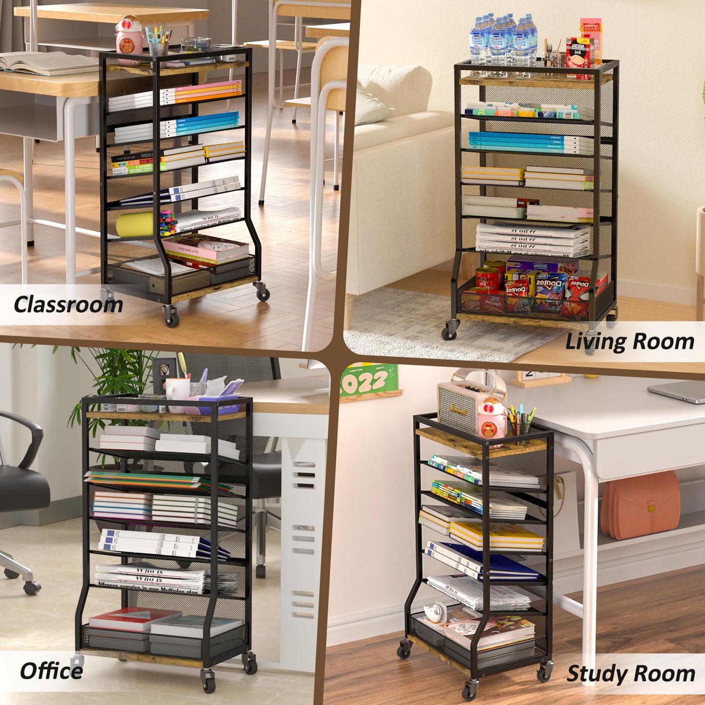 ThreeHio 7 Tier Rolling File Cart with Sliding Trays, Wood Metal File Organizer Beside Desk, Free-Standing File Holder, Paper Letter Tray Organizer Mesh Desk Organizer for Home Office School (Patent)