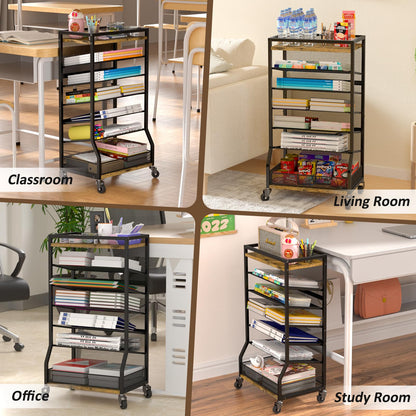 ThreeHio 7 Tier Rolling File Cart with Sliding Trays, Wood Metal File Organizer Beside Desk, Free-Standing File Holder, Paper Letter Tray Organizer Mesh Desk Organizer for Home Office School (Patent)