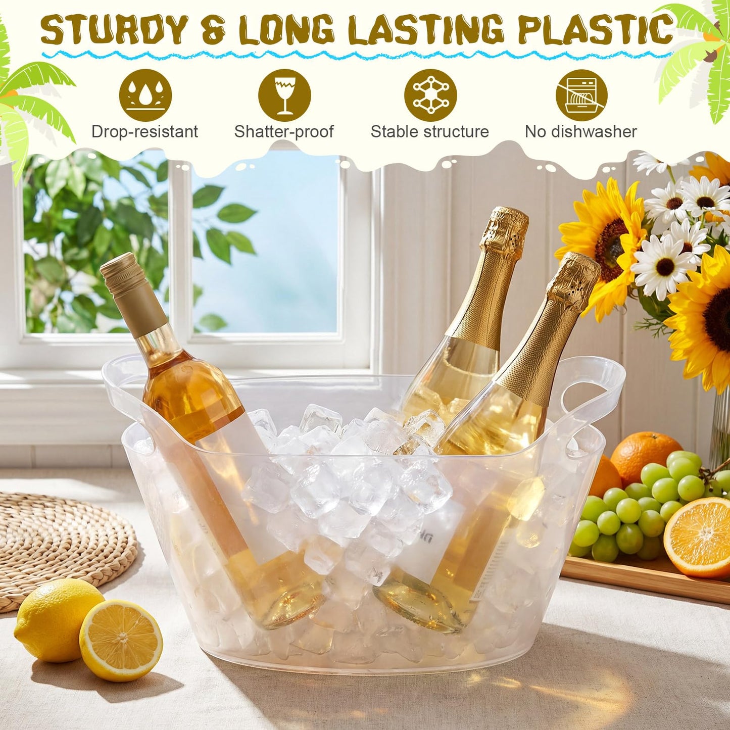 meekoo 6 Pack 6l Ice Bucket for Parties, Plastic Beverage Tub with Handles, Portable Ice Drink Bucket for Wine, Champagne, Beer, Cocktail, Large Drink Chiller for Wedding, Bar, Picnic, Pool(Clear)