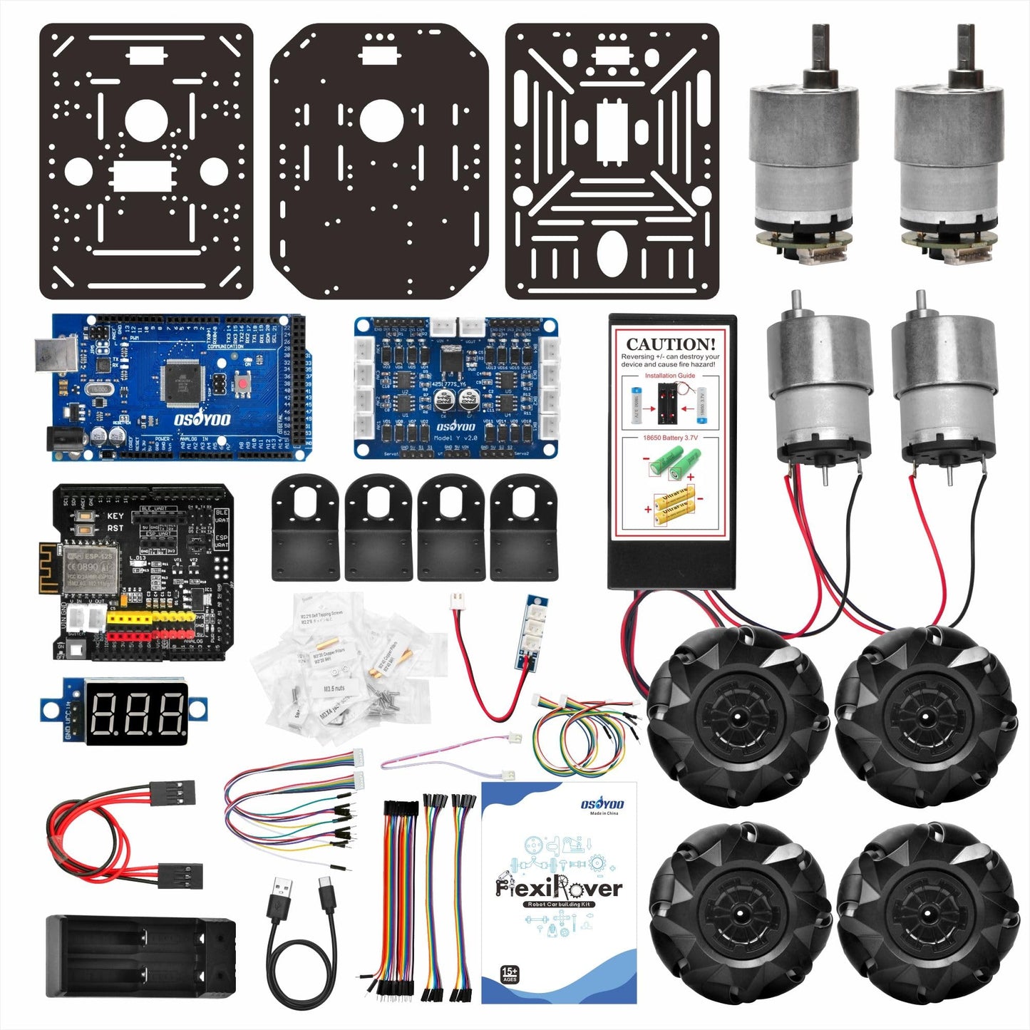 OSOYOO FlexiRover Robot Car Kit for Arduino Mega2560 with WiFi Expansion Board – 520 Motors, Mecanum Wheels, 4-Wheel Drive Motor Board, Battery & Charger, Customizable Chassis for Advanced Robotics