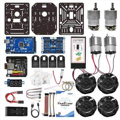 OSOYOO FlexiRover Robot Car Kit for Arduino Mega2560 with WiFi Expansion Board – 520 Motors, Mecanum Wheels, 4-Wheel Drive Motor Board, Battery & Charger, Customizable Chassis for Advanced Robotics