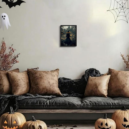 Dark Gothic Halloween Witch Canvas Wall Art, Witch Holding Lantern in Misty Forest Print, Mysterious Halloween Artwork, Whimsical Wall Decor for Living Room Bedroom Hallway, 8x10in, Black Frame