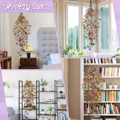 LOYWREE Artificial Purple Ivy Hanging Vine Plants - Small Potted Long Trailing Cascading Foliage, Gothic Home Decor for Indoor/Outdoor, Office, Garden & Shelf (Black Pot)