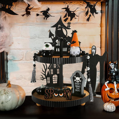 Halloween Decorations 6PCS Tiered Tray Decor, Cute Tabletop Halloween Decor for Home Office Tray Shelf Mantel Table Centerpieces Farmhouse Rustic Spooky Wood Signs