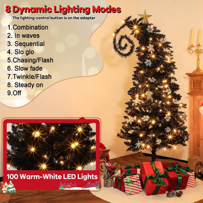 5 Ft Nightmare Before Bent Top Christmas Tree with String Lights Bendable Unique Whimsical Crooked Slim Xmas Tree Holiday Witch Party Decorations Supplies for Home Room (Black)
