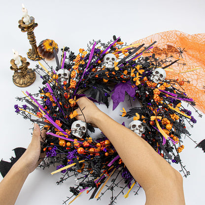 LLZLL Halloween Wreaths for Front Door 22 Inch Halloween Wreath Artificial Skull Wreath with Maple Leaves and Berries for Gothic Decoration