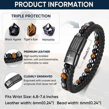 MEALGUET Triple Protection Leather Cross Bracelet : Men's Bible Verse Engraved Tiger's Eye Hematite Onyx Healing Stone Braided Black Cross Bracelets, I Can do All Things Through Christ