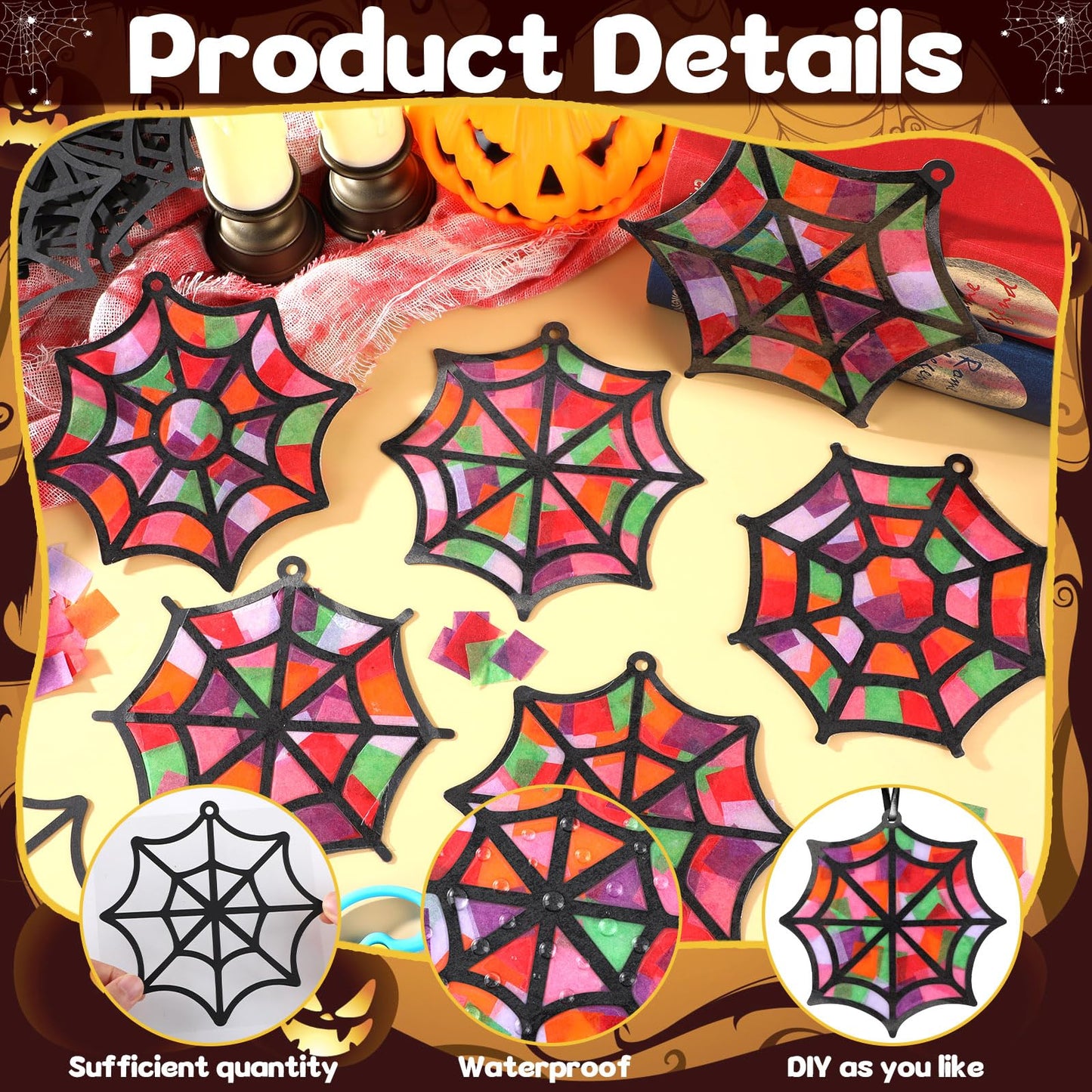 Qyeahkj 36 Set Halloween Spider Web Suncatchers Crafts DIY Hanging Spider Web Tissue Paper Crafts Kit Window Art Ornaments Decor for Halloween Activity Art Project Party Favor Gift