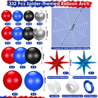 Leyndo 332 Pcs Spider Balloons Arch Garland Kit with 10.8 ft 7 Coils White Fake Spider Web Black Red and Blue Metallic Silver Latex Balloons Arch Kit for Hero Theme Baby Shower Birthday Party Decor