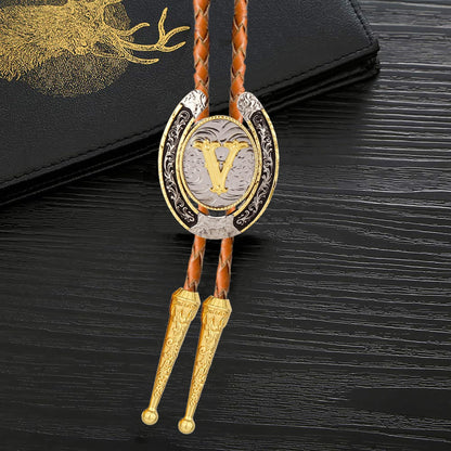 HLYMPONY Bolo tie for Men Western Cowboy Brown Leather Necktie Gold Initial Letter ABCDJMR to Z Bolo ties for Women (V)