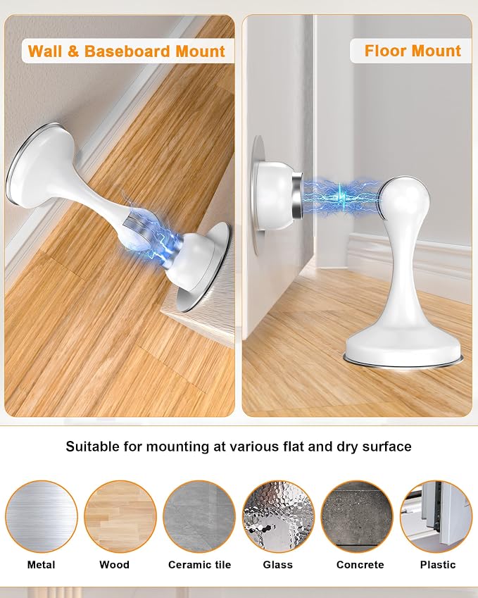 Crosize Magnetic Door Stoppers 6 Pack, Stainless Steel Door Stops for Wall and Floor Mounting, Door Holder Keep Door Open, No Drilling Door Stop with 3D Adhesive Tapes, White
