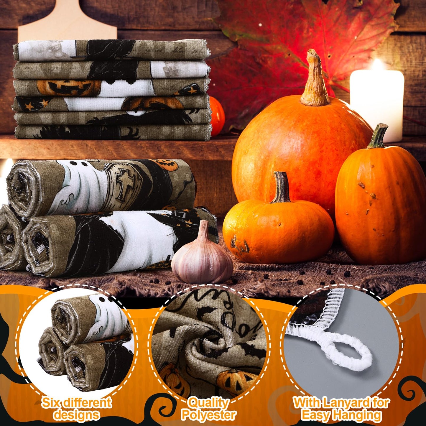 Ganeen 6 Pcs Halloween Kitchen Towels Dwarfs Cobwebs Witches Castles Dish Towels Fiber Fingertip Hand Towel Decorative Tea washtowels 14.2 x 21.3 Inch for Decorative Bathroom Holiday (Goth)