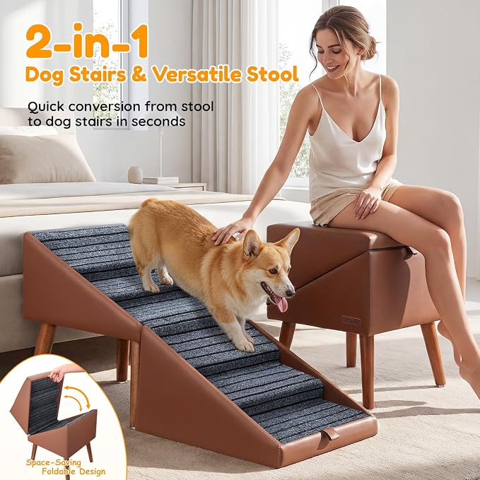 22.8” H Dog Stairs for High Bed, 6-Step Non-Slip Dog Ramp, Foldable 2-in-1 Pet Stairs & Ottoman, Upgraded Pet Steps for Puppies, Senior Dogs & Injured Pets, Solid Wood Frame (Brown)