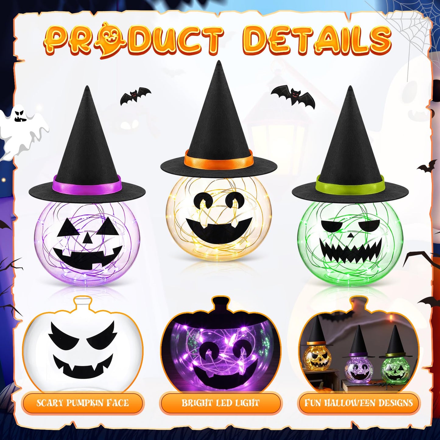 LemonRoad 6 Pack Halloween LED Jack O Lantern Table Decor with Witch Hat Plastic Lighted Pumpkin Jars Mantel Tiered Tray Table Centerpieces for Indoor Outdoor(Orange, Green, Purple)